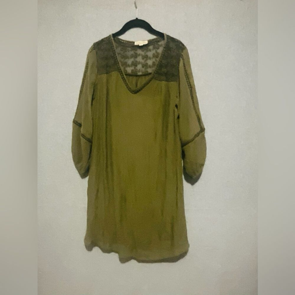 Indigo Rose Boho Olive Green Lace Embroidery Mesh V-Neck Tunic Dress Plus Sz XL